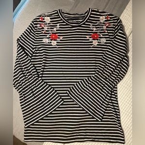 LOFT Black & White Striped Top w/ Floral Embroidery